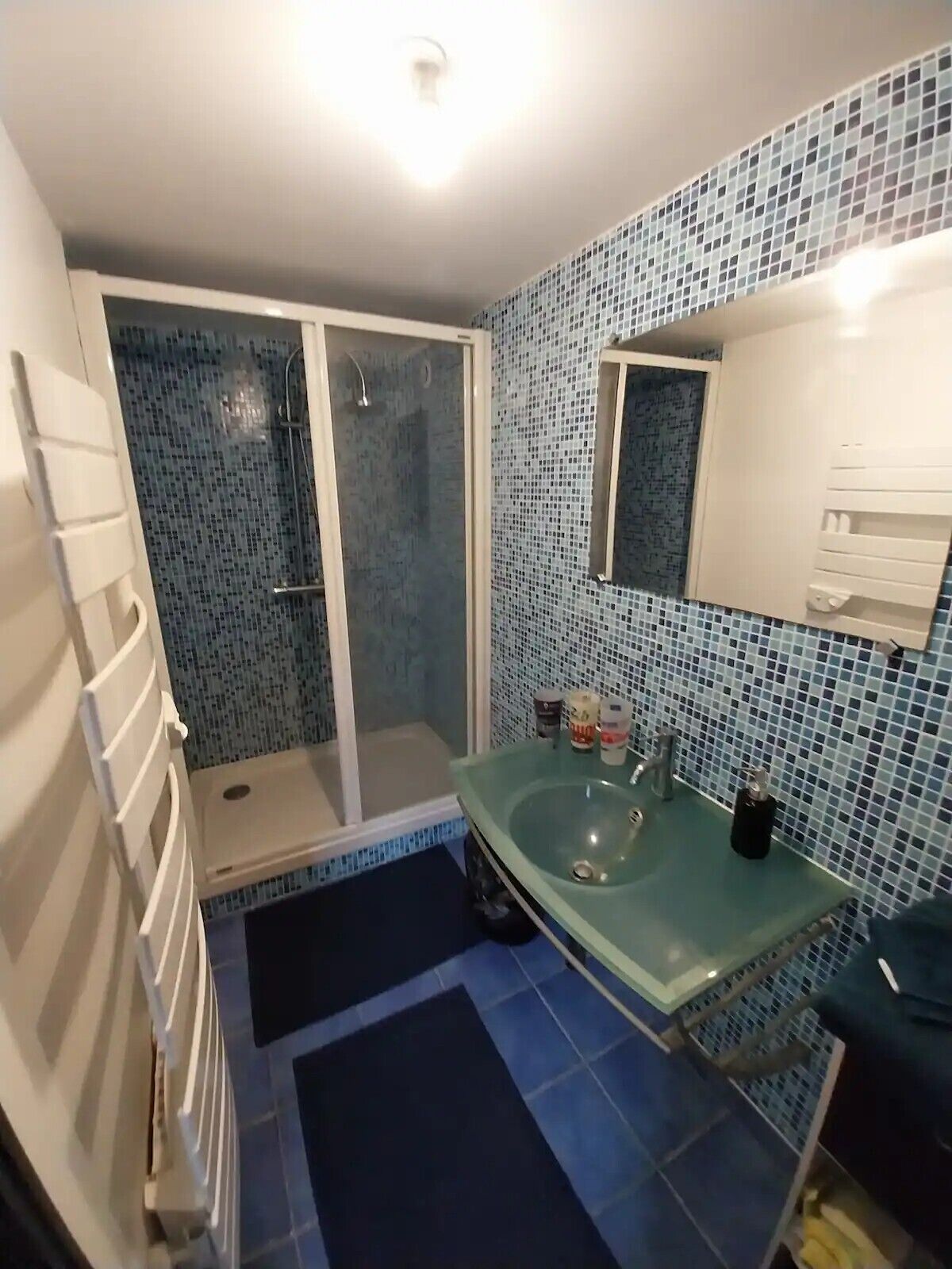 Een douche, een haardroger, handdoeken, toiletpapier