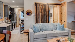 A modern kitchen with stainless steel appliances, a grey sofa with patterned cushions, and a wooden sliding door. - Banner Bear (Banner Elk)