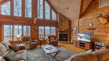 Cabin, Multiple Beds, Hot Tub, Mountain View (Raccoon's Paw Lodge) | Living area | Fireplace