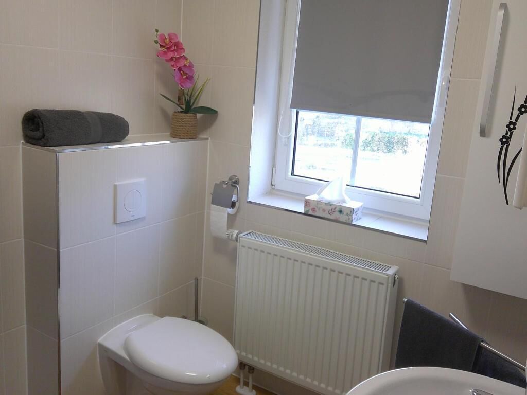 Un baño con inodoro, radiador, ventana con vistas, toalla y planta en maceta.