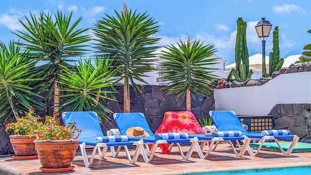 A poolside area with lounge chairs, potted plants, and cacti. - Villa Emilia (Yaiza)