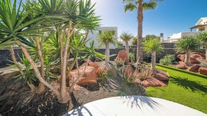 A landscaped garden with various plants and rocks, a white building in the background, and a clear blue sky. - Villa Lucero (Yaiza)