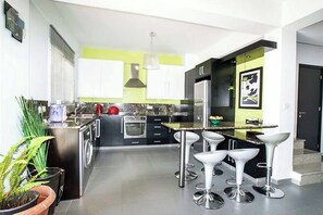 Fridge, microwave, oven, dishwasher