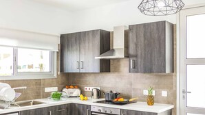 A modern kitchen with dark wood cabinets, a built-in oven, and a large window. - Villa Alasia (Paralimni)