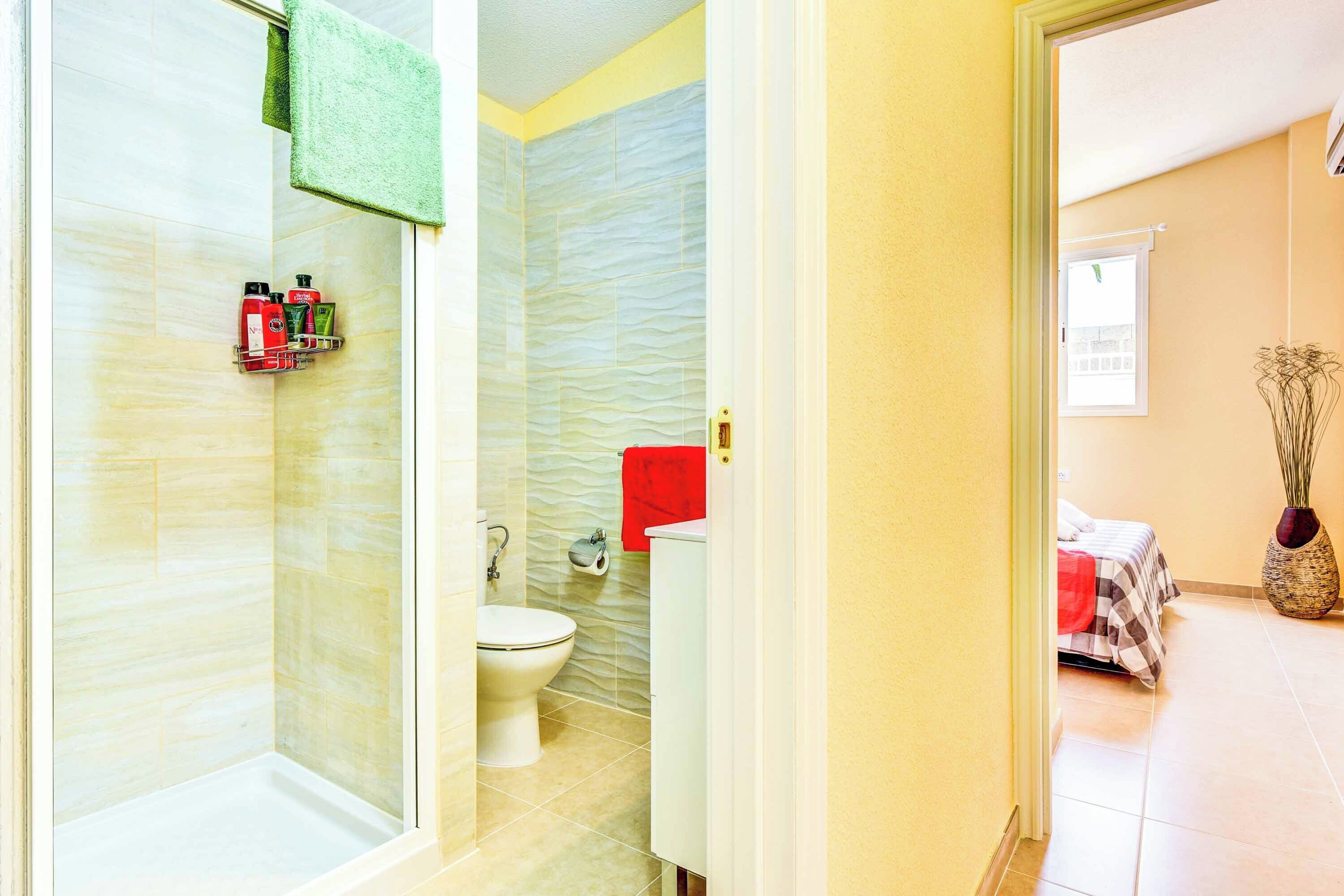 Une salle de bain avec douche, toilettes et lavabo, et une chambre avec un lit et un vase.