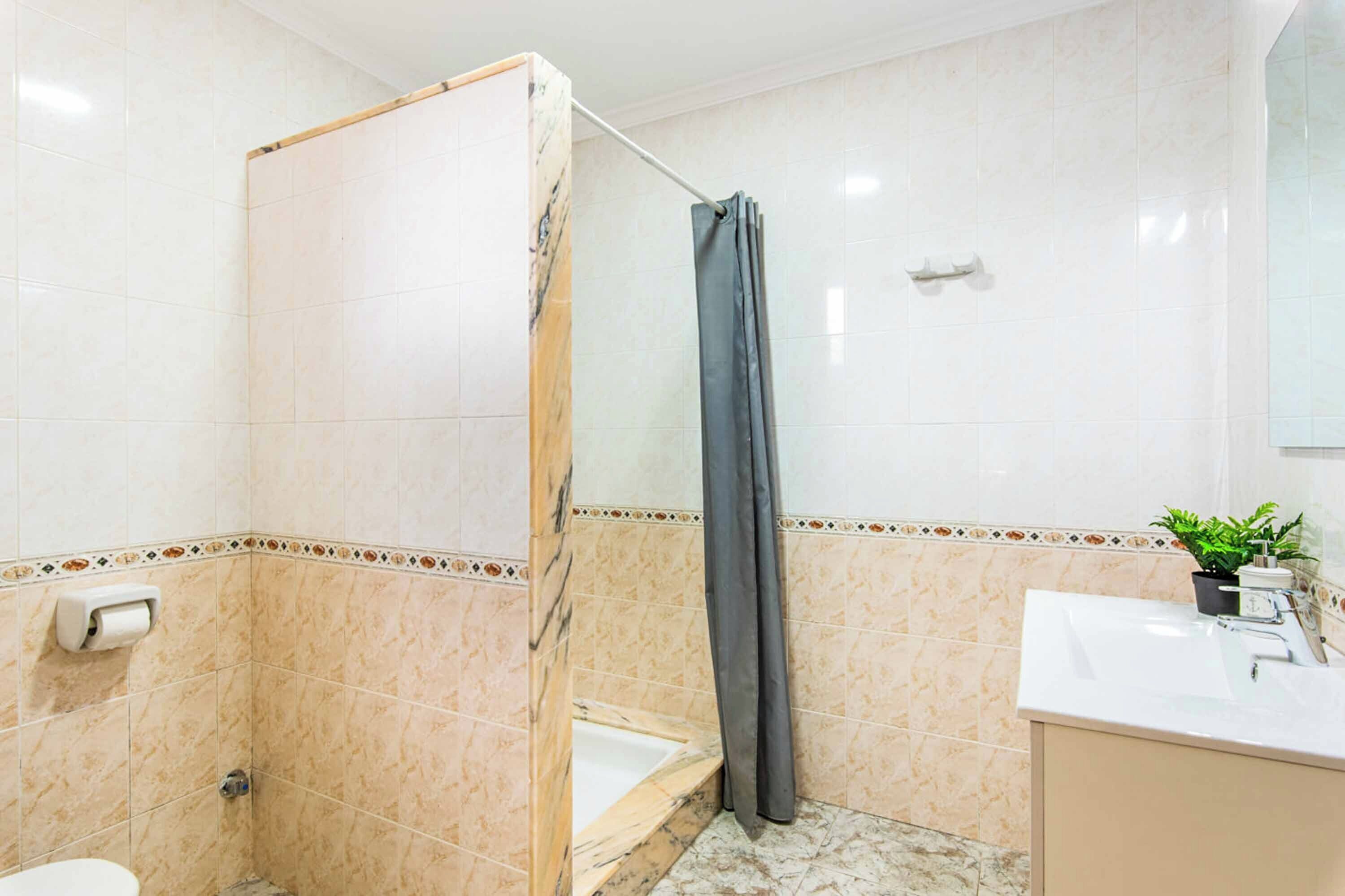 A bathroom with a shower, toilet, sink, and a small potted plant.