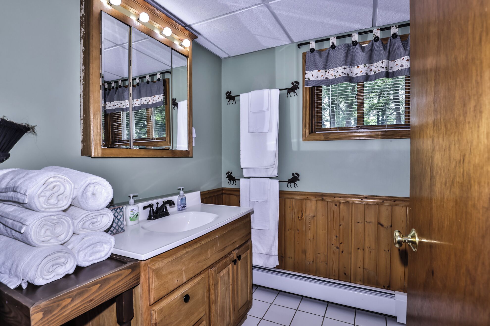 A bathroom with a vanity, sink, mirror, and towel rack.
