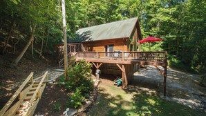 Eine Holzhütte mit einer Terrasse, umgeben von dichtem Wald.