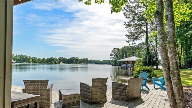 A wooden deck with wicker furniture and a view of a lake. - Lake Relaxin` | Fabulous Flat Lot | Great Water View! (Henrico)