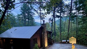 A rustic cabin with a stone exterior, a metal roof, and a welcoming sign. - Peaceful and secluded with year-round mountain views and waterfall sounds. (Cherry Log)