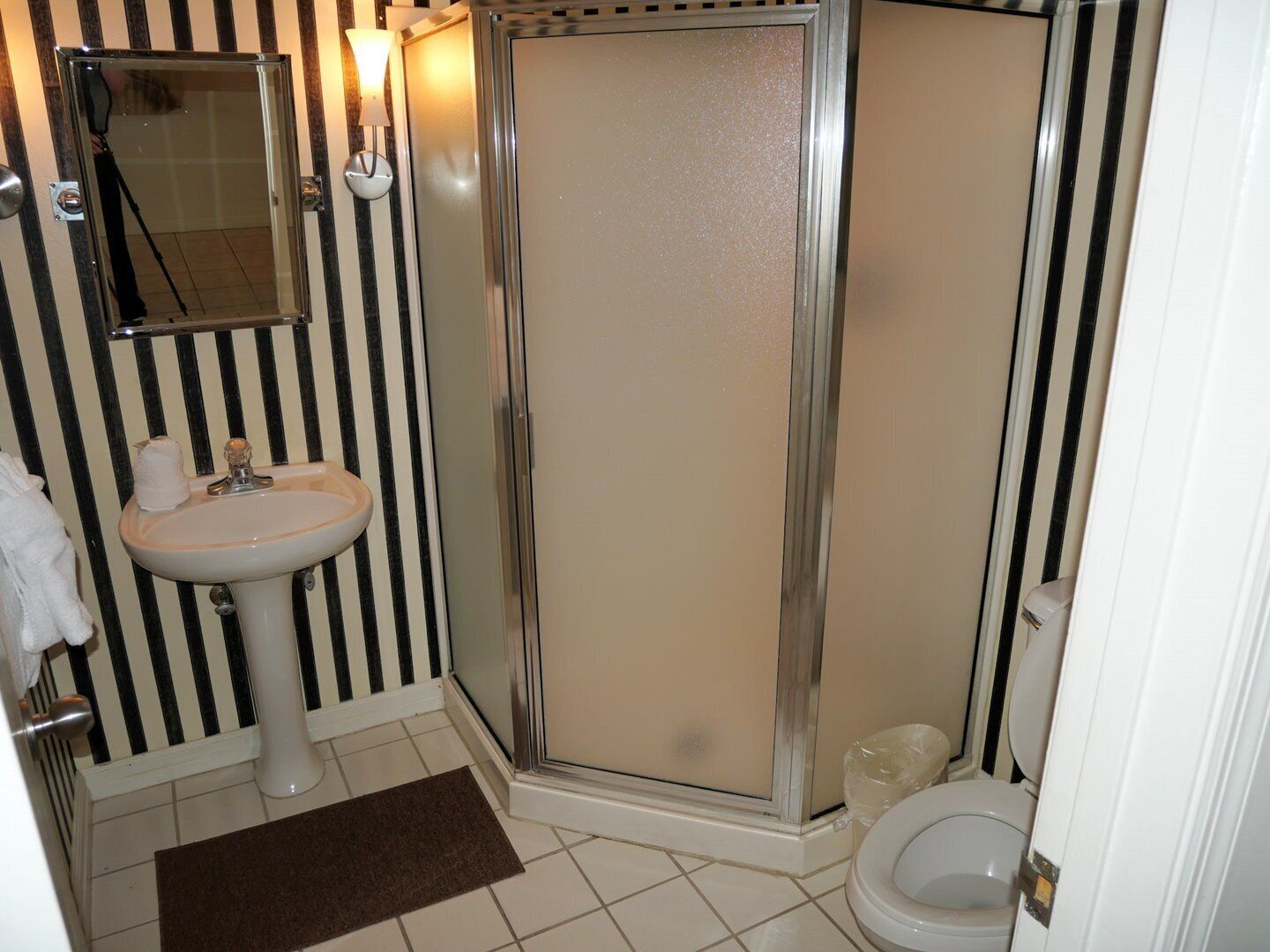 A bathroom with a white sink, a mirror, a shower enclosure, and a toilet.
