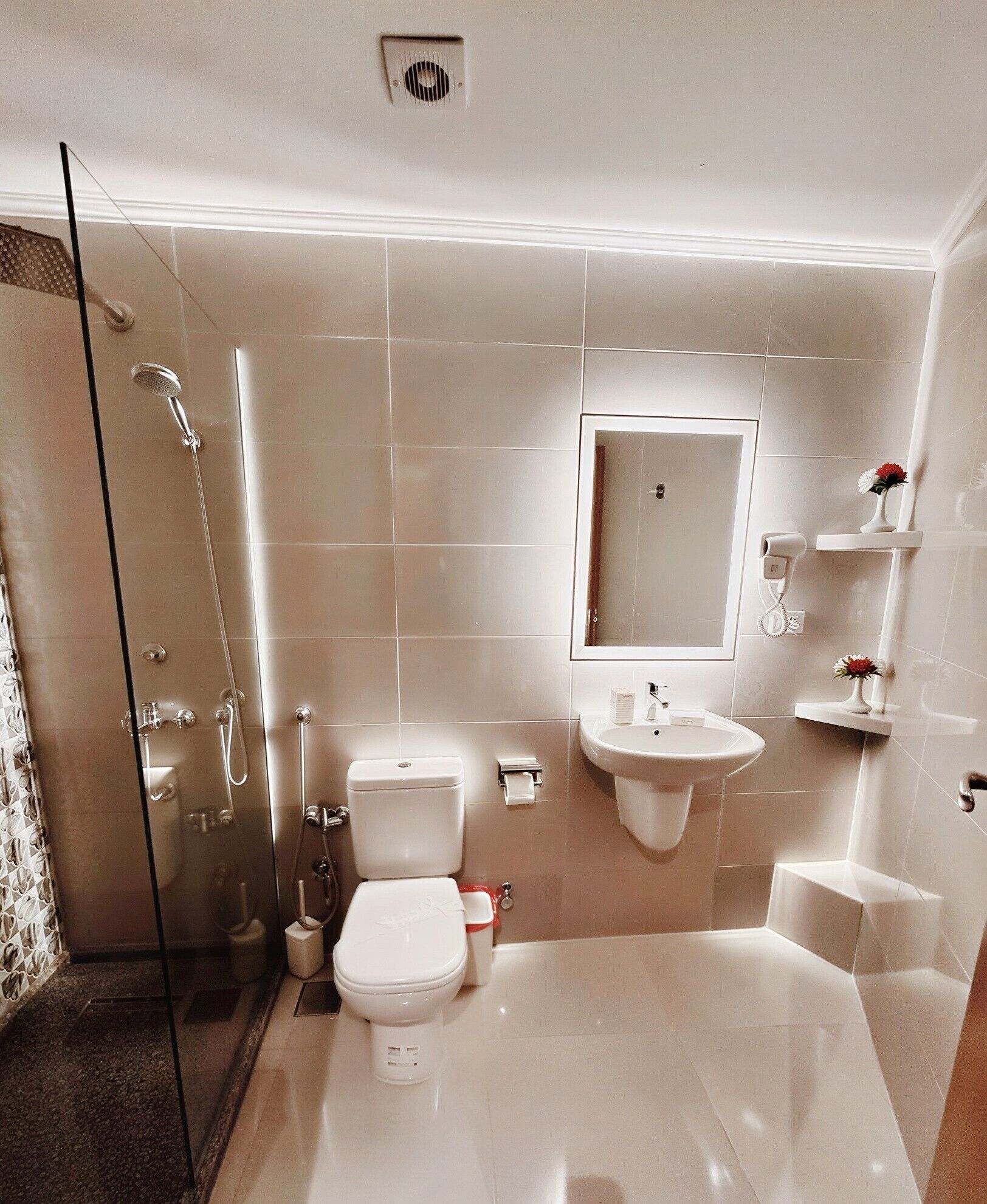 A modern bathroom with a glass shower enclosure, a bathtub, a toilet, and a sink.