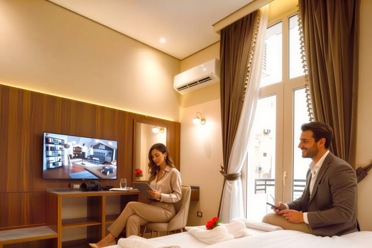 A hotel room with a bed, a television, a desk, and a window with curtains.