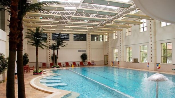 An indoor swimming pool with clear lanes, palm trees, and a high ceiling with a geometric design.