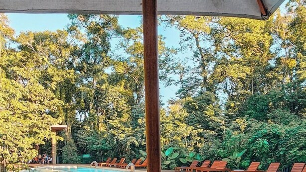 A wooden table with breakfast items and a glass of orange juice, overlooking a swimming pool with lounge chairs and lush greenery. - Hotel Tre (Puerto Iguazú)