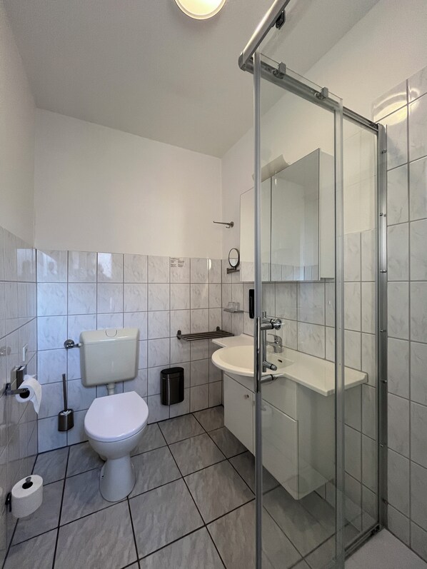 A modern bathroom with a toilet, sink, and glass shower enclosure.