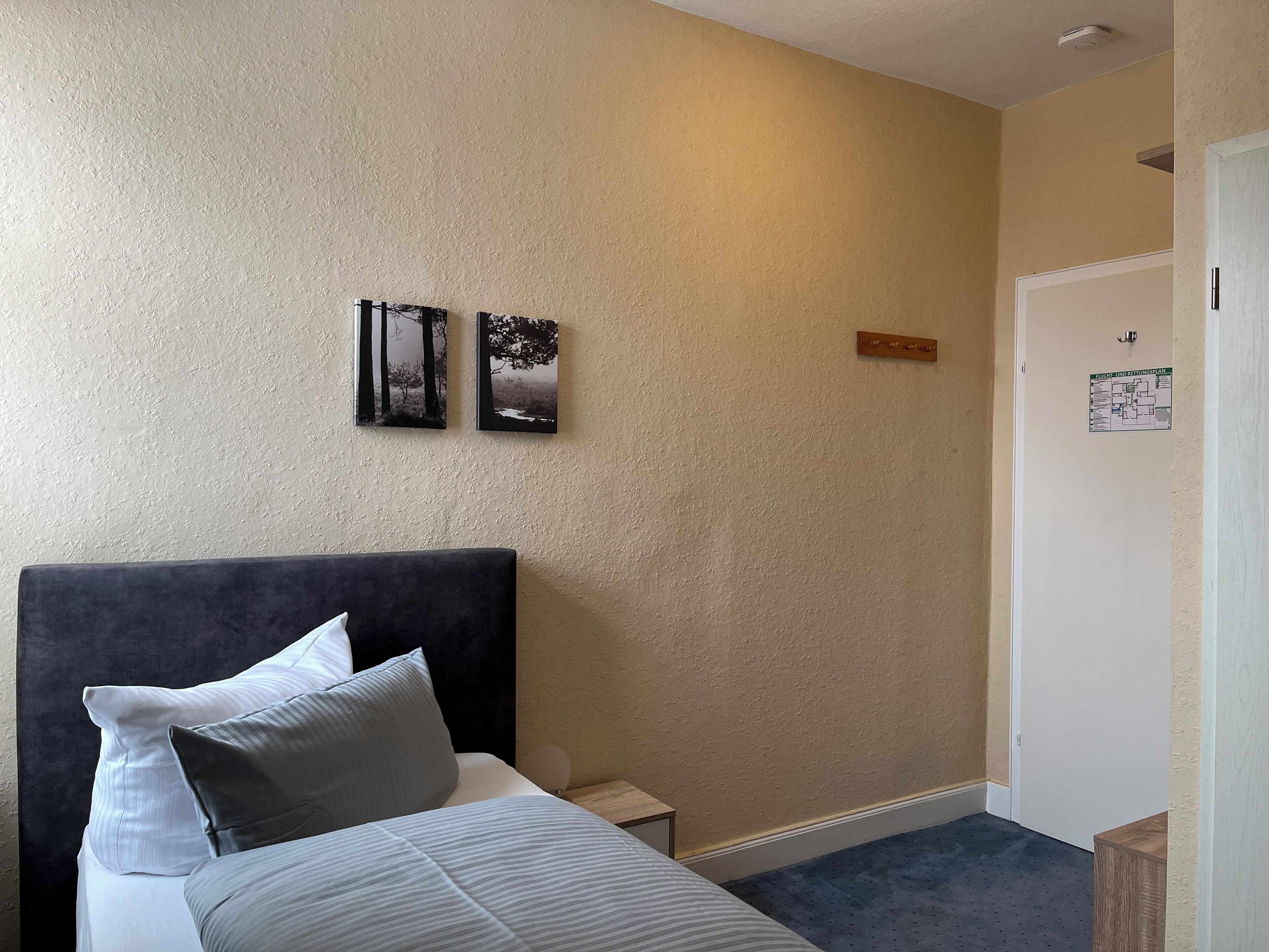 A bedroom with a bed, pillows, a nightstand, and two wall-mounted paintings.