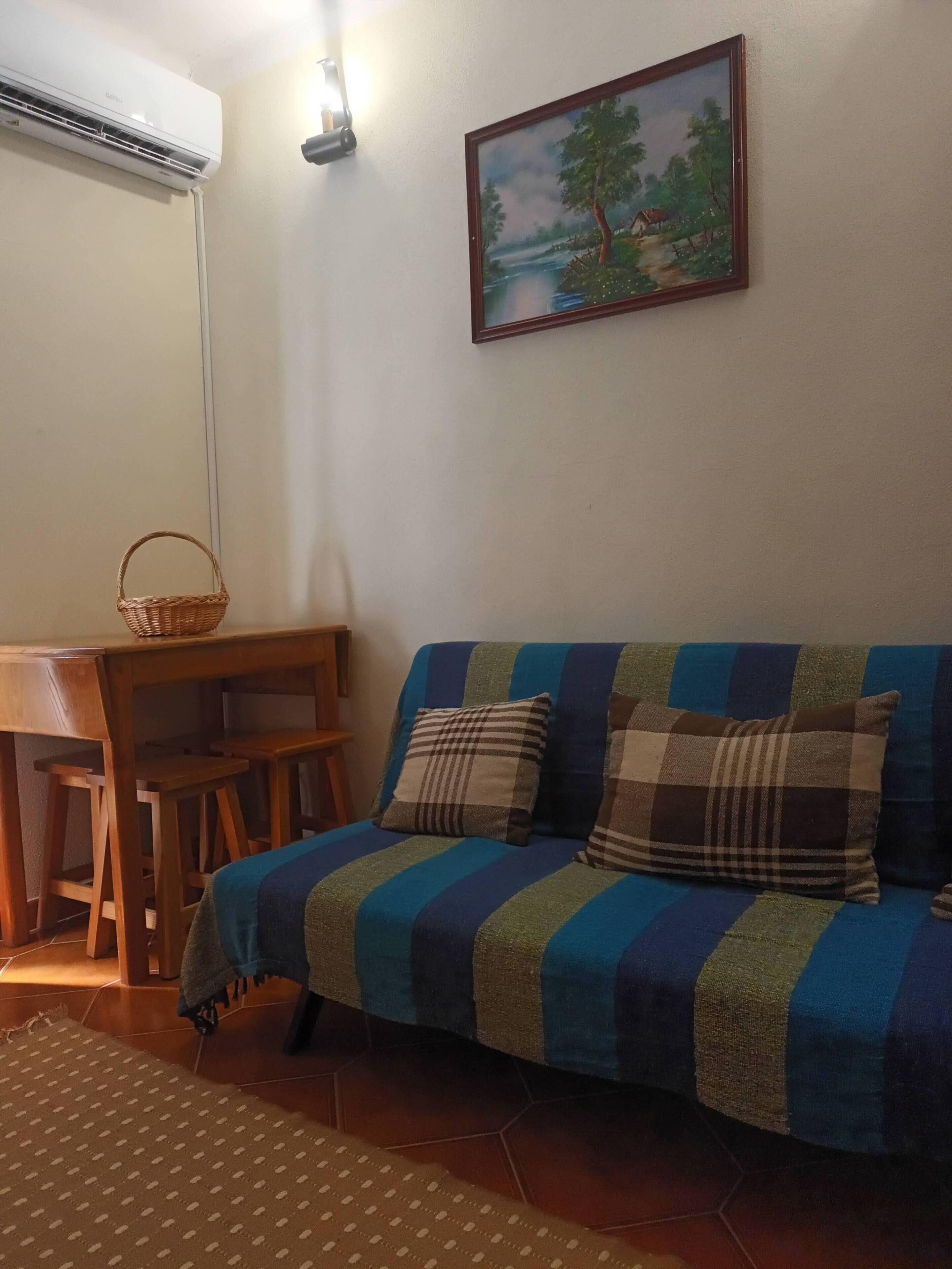 Una sala de estar con un sofá azul y verde a rayas, dos almohadas a cuadros, una mesa de madera con una cesta y un cuadro de un paisaje en la pared.