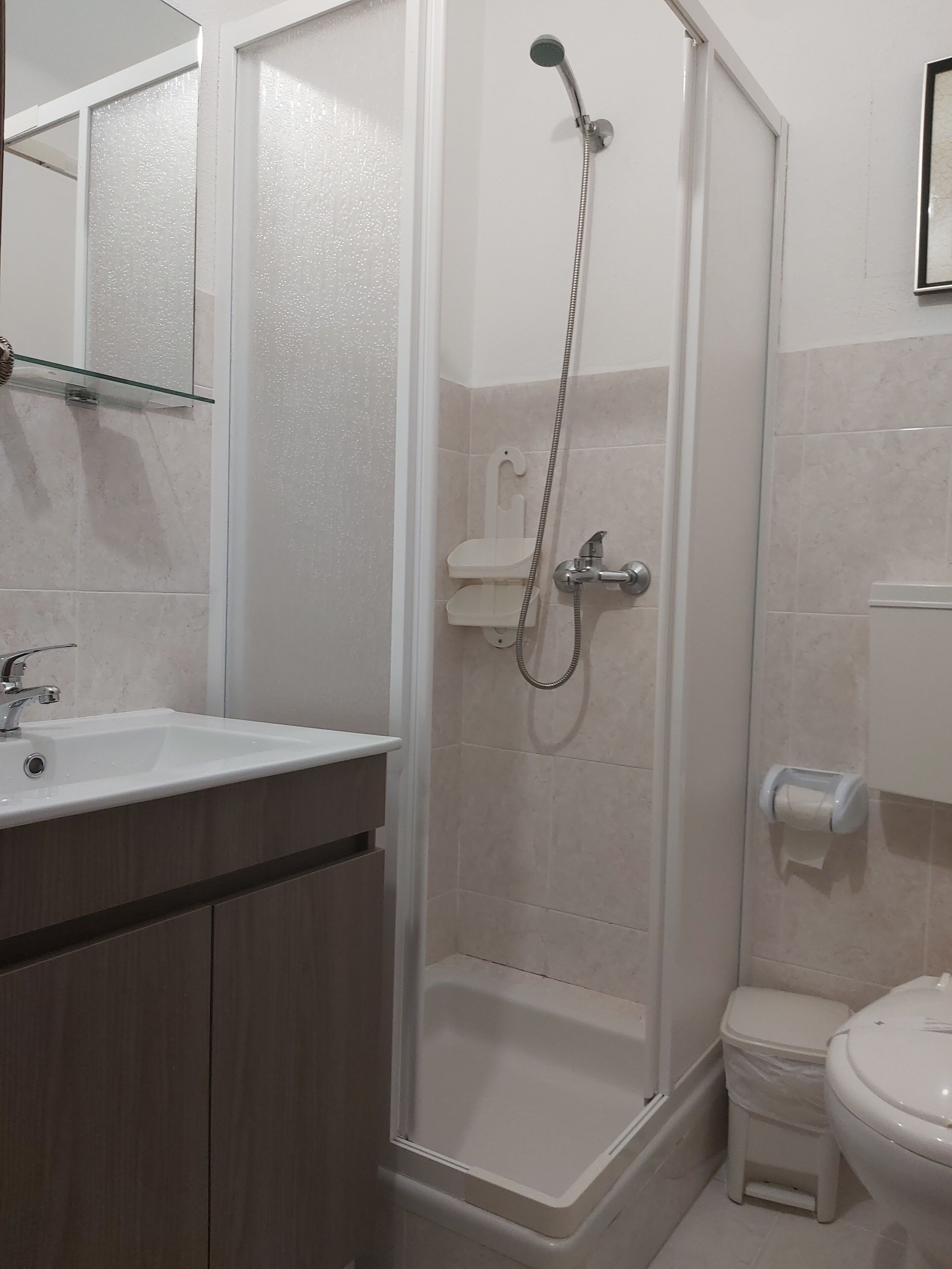 A bathroom with a shower, toilet, sink, and a mirror.