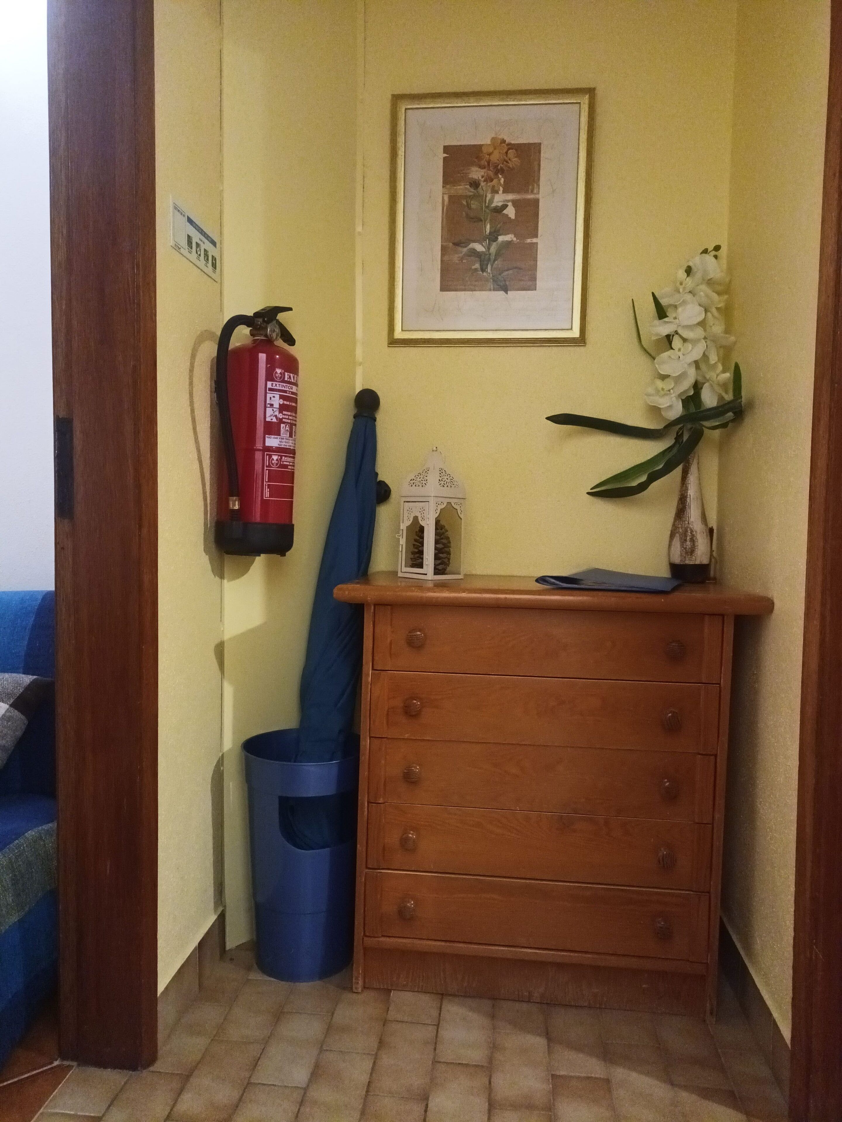 Une pièce d’angle avec une commode en bois, un tableau encadré au mur, un extincteur, une poubelle bleue et une petite lanterne blanche.