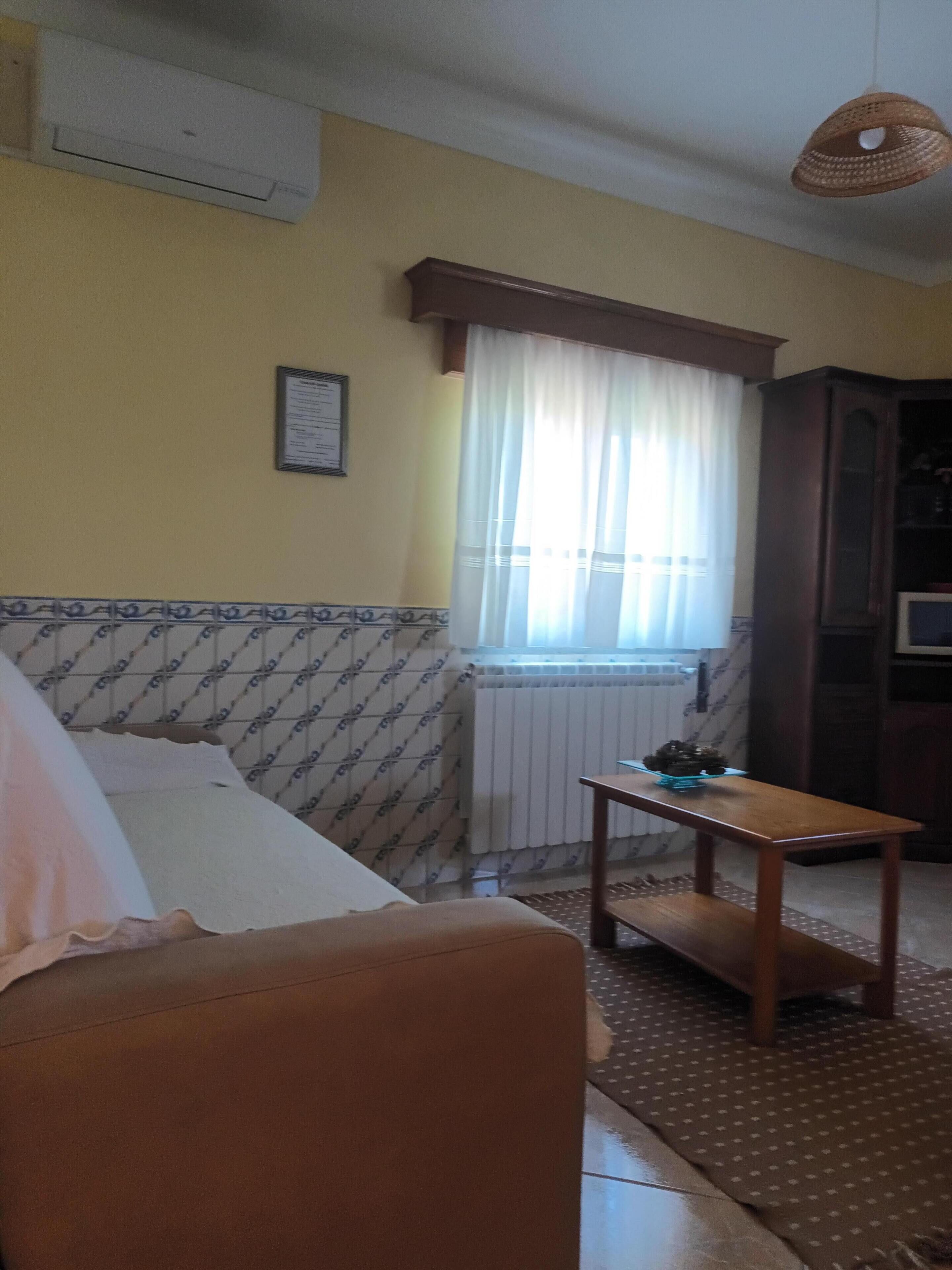 A living room with a sofa, a wooden table, a radiator, a window with curtains, and a wall-mounted air conditioner.