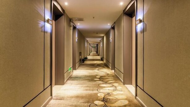 Un long couloir étroit d’hôtel, avec un tapis à motifs et des luminaires fixés au mur.