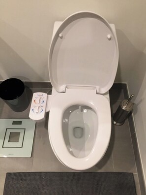 Des toilettes équipées d’un siège-bidet, d’un sèche-mains et d’une balance.