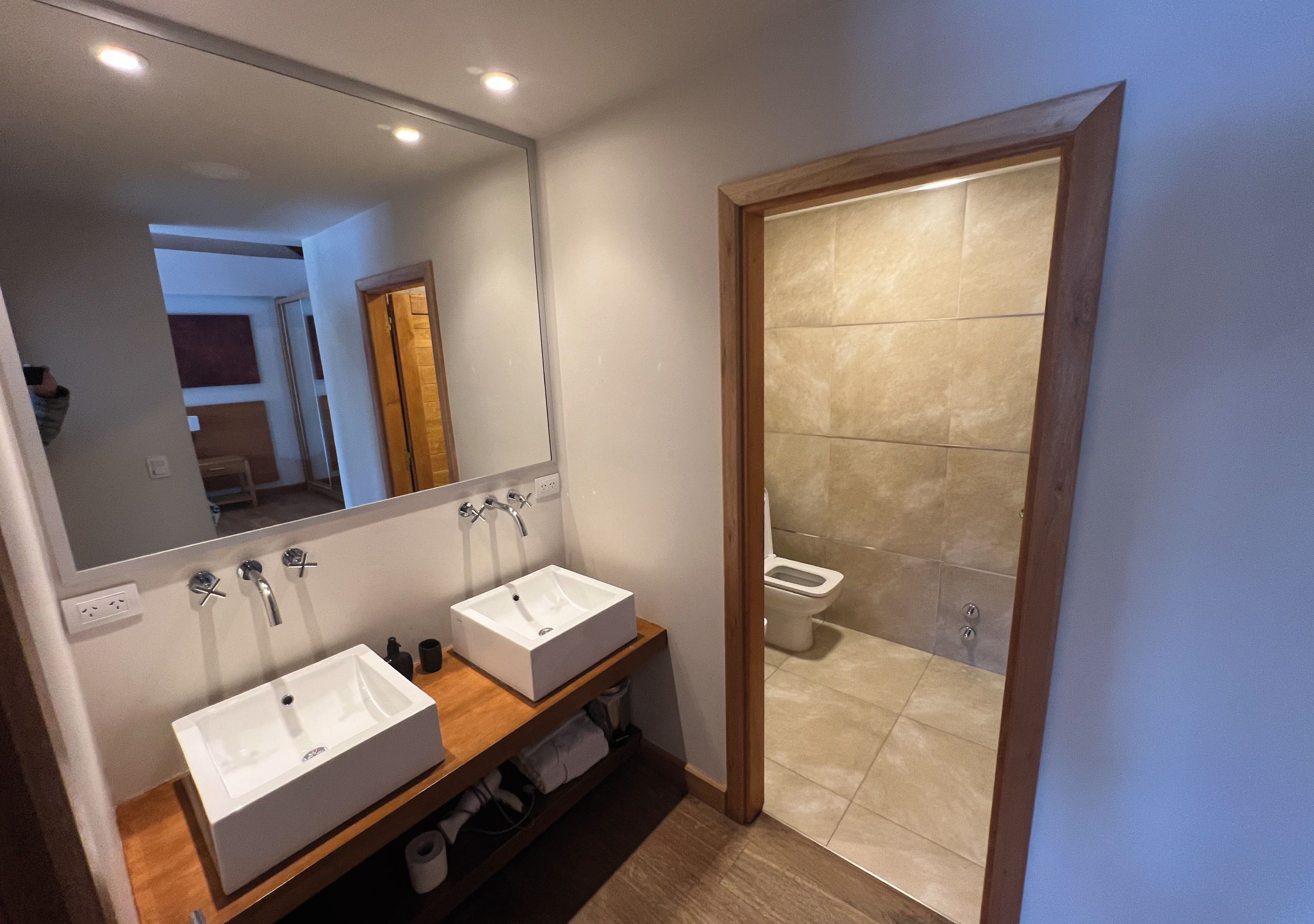 A bathroom with two sinks, a mirror, and a toilet.