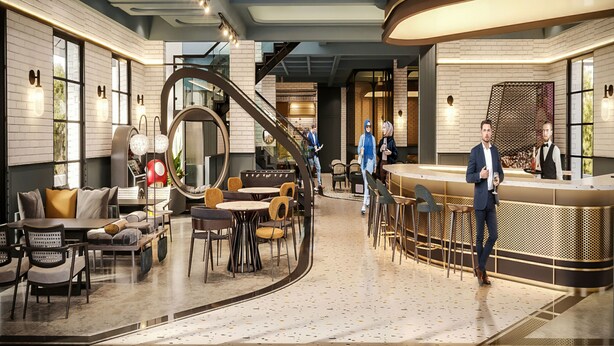A modern hotel lobby with a curved reception desk, seating areas, and a staircase. - Luxeur Jakarta - Setiabudi (Jakarta)