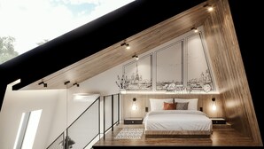A modern bedroom with a sloped ceiling, a large bed, and a cityscape mural on the wall. - Luxeur Jakarta - Setiabudi (Jakarta)