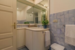 Appartement, uitzicht op meer | Badkamer | Een aparte badkuip en douche, gratis toiletartikelen, een haardroger