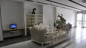 Uma sala de estar moderna com sofá, poltronas, mesa de centro e televisão.