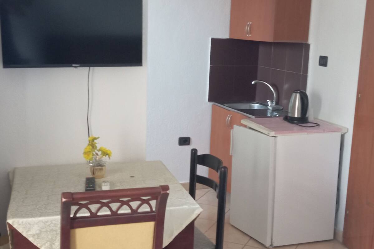 A compact kitchen with a sink, a kettle, and a small refrigerator. There is a dining table with a chair and a potted plant.