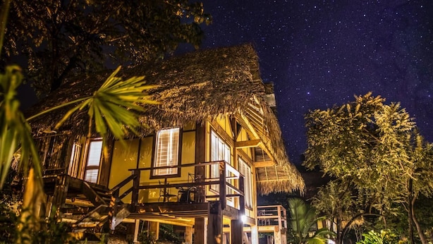 Une maison au toit de chaume, dotée d’un balcon et entourée d’une végétation luxuriante.