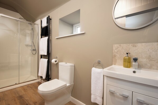 A bathroom with a glass-enclosed shower, a toilet, a sink with a mirror, and a towel rack.