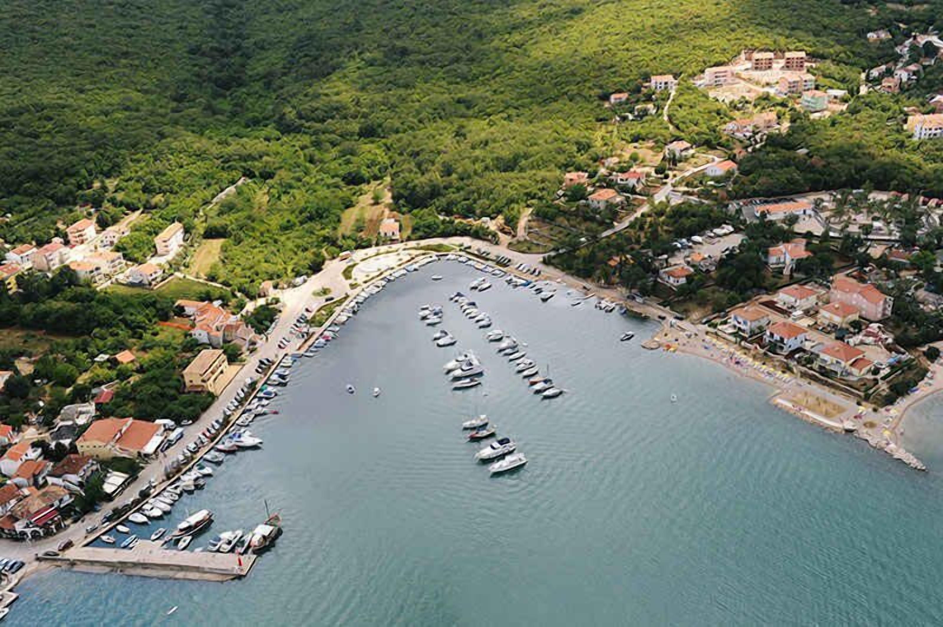 An aerial view of a coastal town with a marina, houses, and lush greenery.