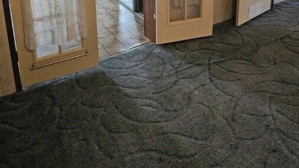 Une pièce avec un tapis à motifs, une porte dotée d’un panneau de verre et une vue sur une autre pièce.