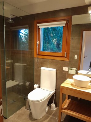 Enjoy a refreshing shower in the bathroom, featuring a glass-enclosed shower, toilet, and large sink.
