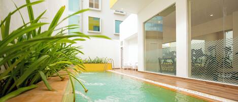 Un área de piscina interior moderna con paredes de vidrio, una terraza de madera y plantas en macetas.