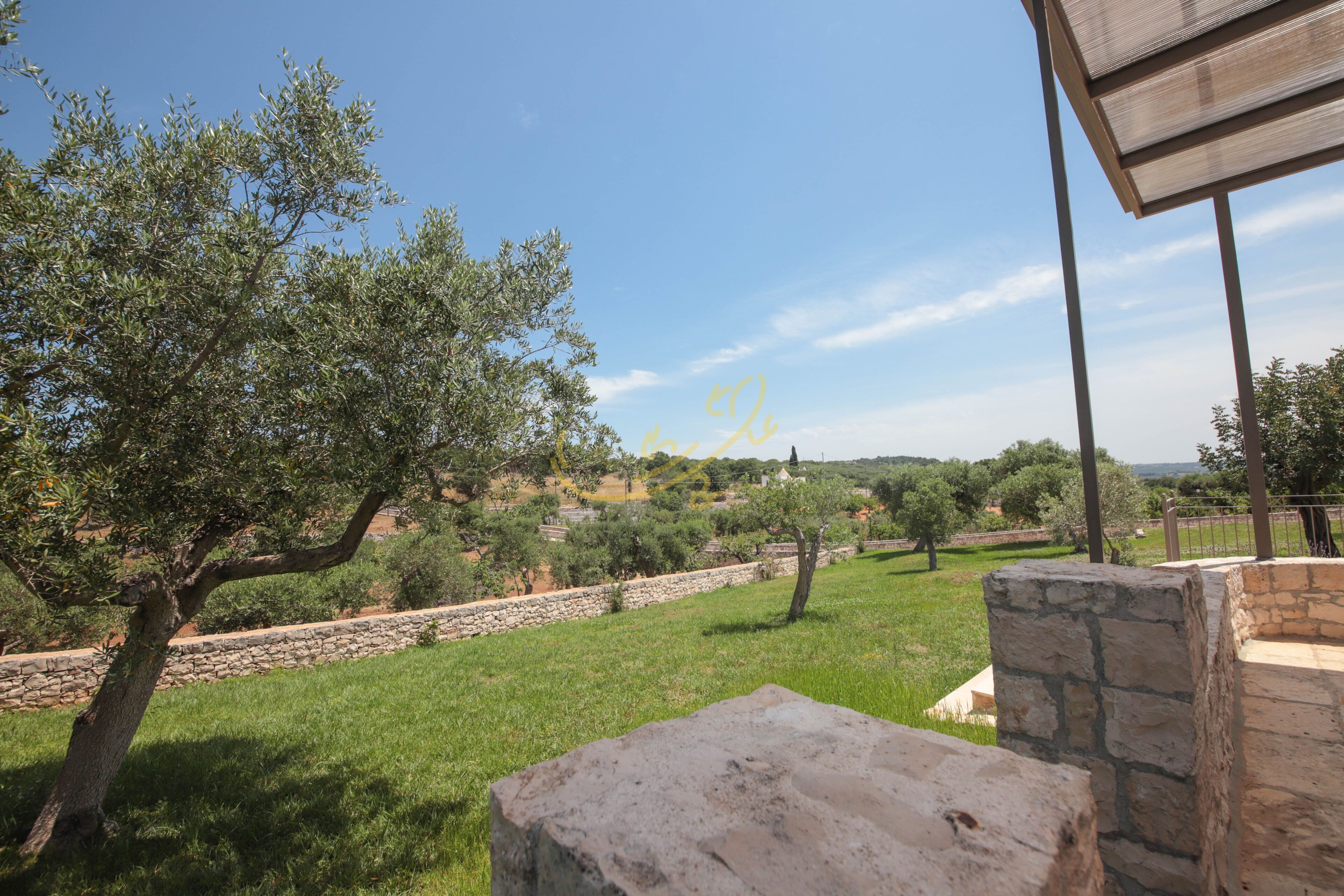 Un patio in pietra con vista su un paesaggio erboso e alberi.