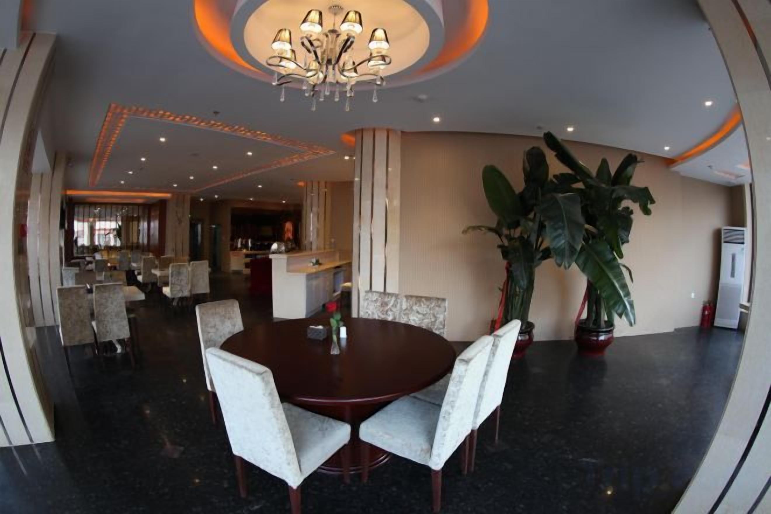 A dining area with a round table, chairs, a chandelier, and a large plant.