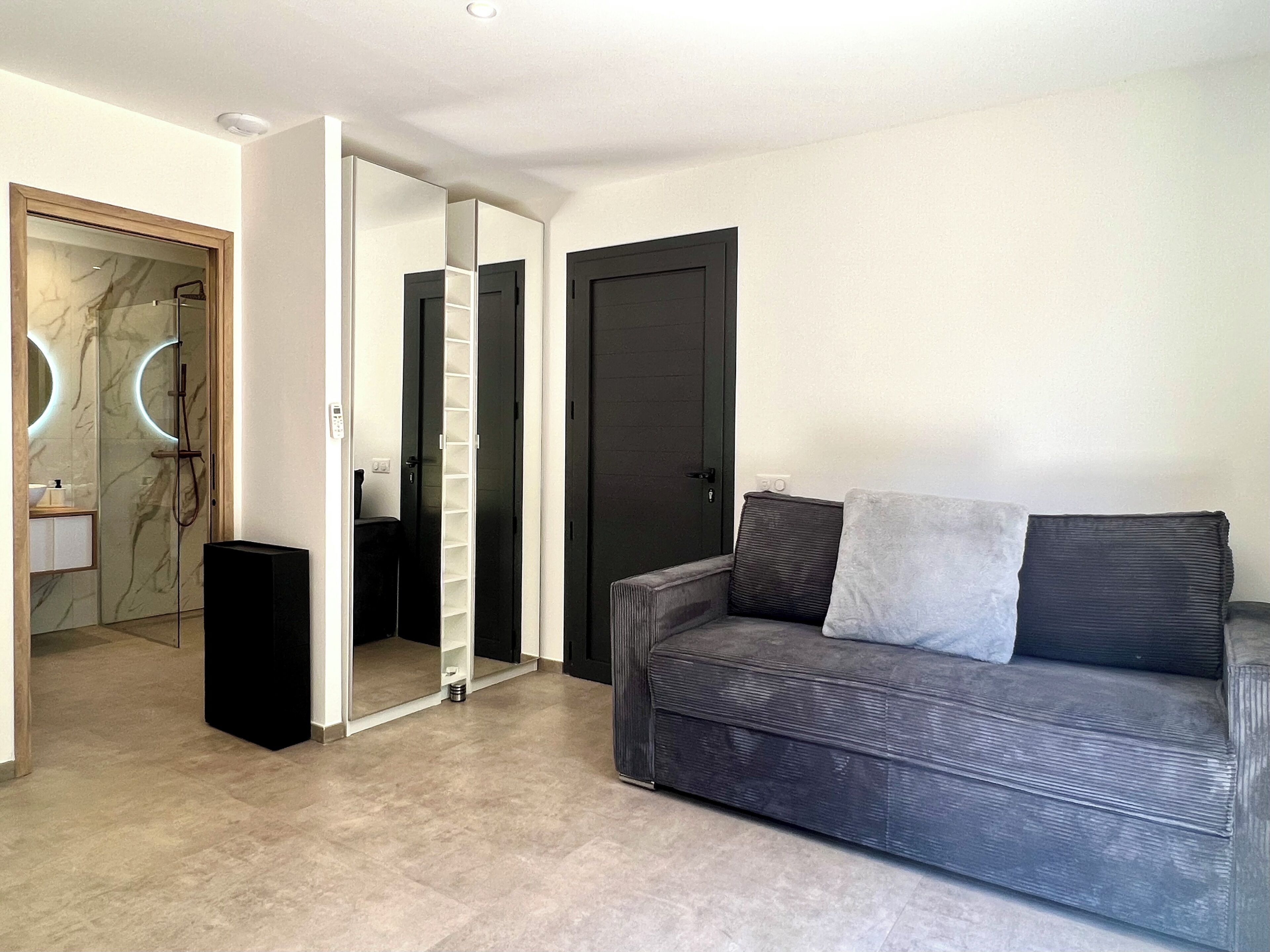 Una sala moderna con un sofá gris, una mesita y un espejo. Hay una puerta que da a un baño con ducha e inodoro.