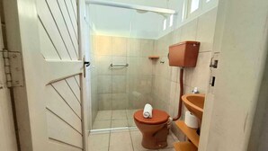 Une salle de bain avec des toilettes, une douche et un lavabo.