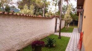 Une cour avec un chemin pavé de carreaux, un petit muret et diverses plantes.