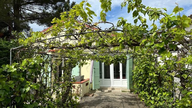 A garden pathway leading to a house with a green door and white shutters. - Pretty harbour house with garden (Mandelieu-la-Napoule)