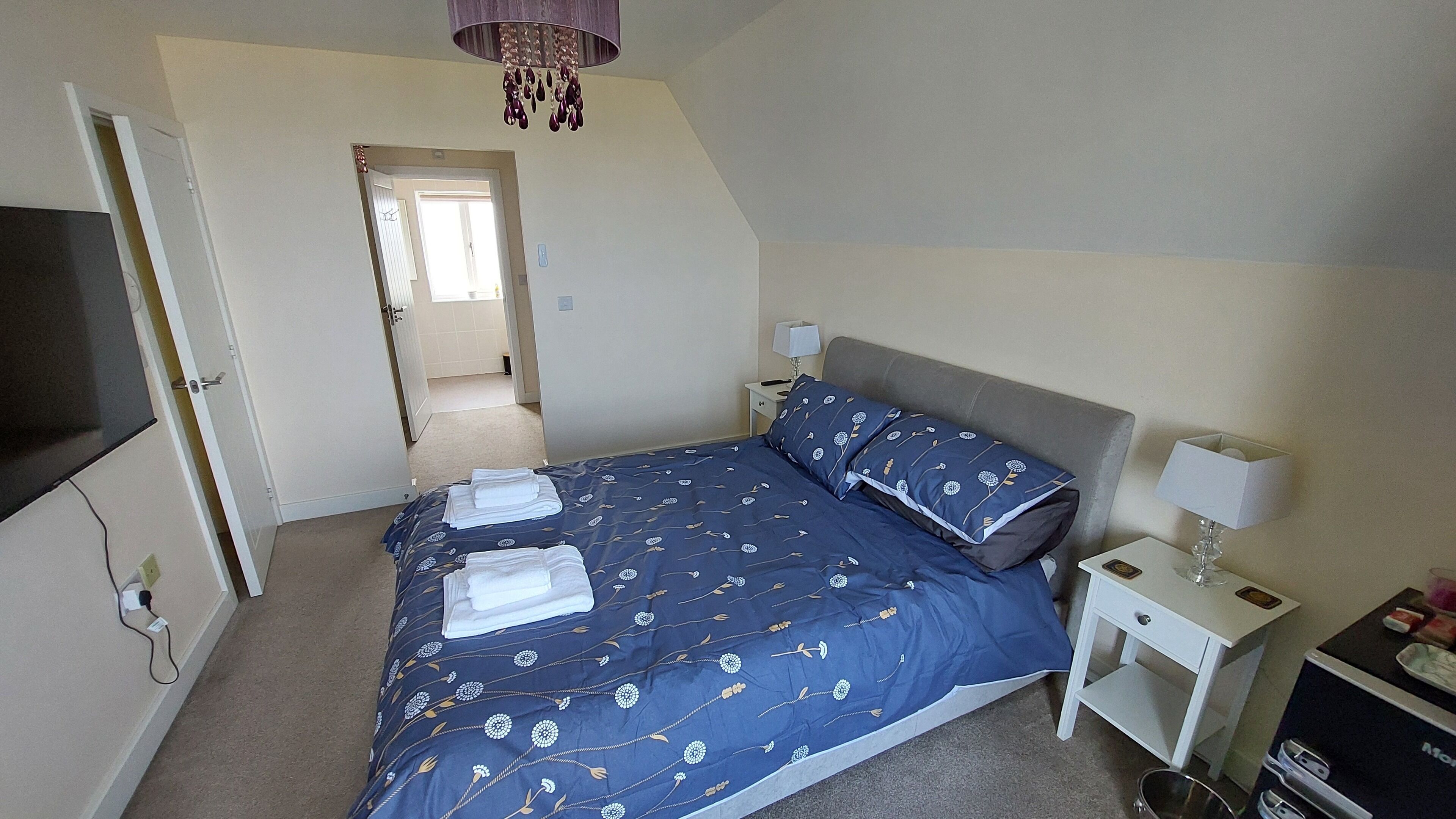 A bedroom with a bed, bedside tables, a TV, and a door leading to another room.