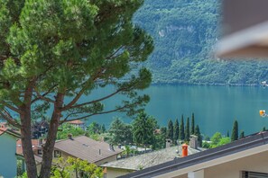 A view of a lake with surrounding buildings and a prominent tree in the foreground. - Magic Lake View in Lierna (Lierna)