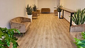 Una habitación amplia con piso de madera, un sofá, una mesa de centro y varias plantas en macetas.