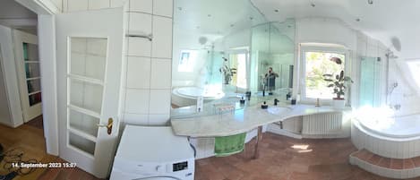 Hair dryer, bidet, towels, soap