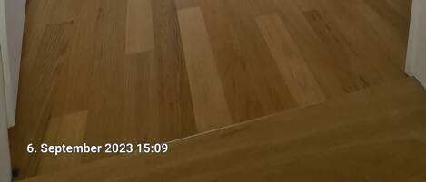 A room with a sloped ceiling, a bed with a striped pillow, a painting on the wall, and a wooden floor.